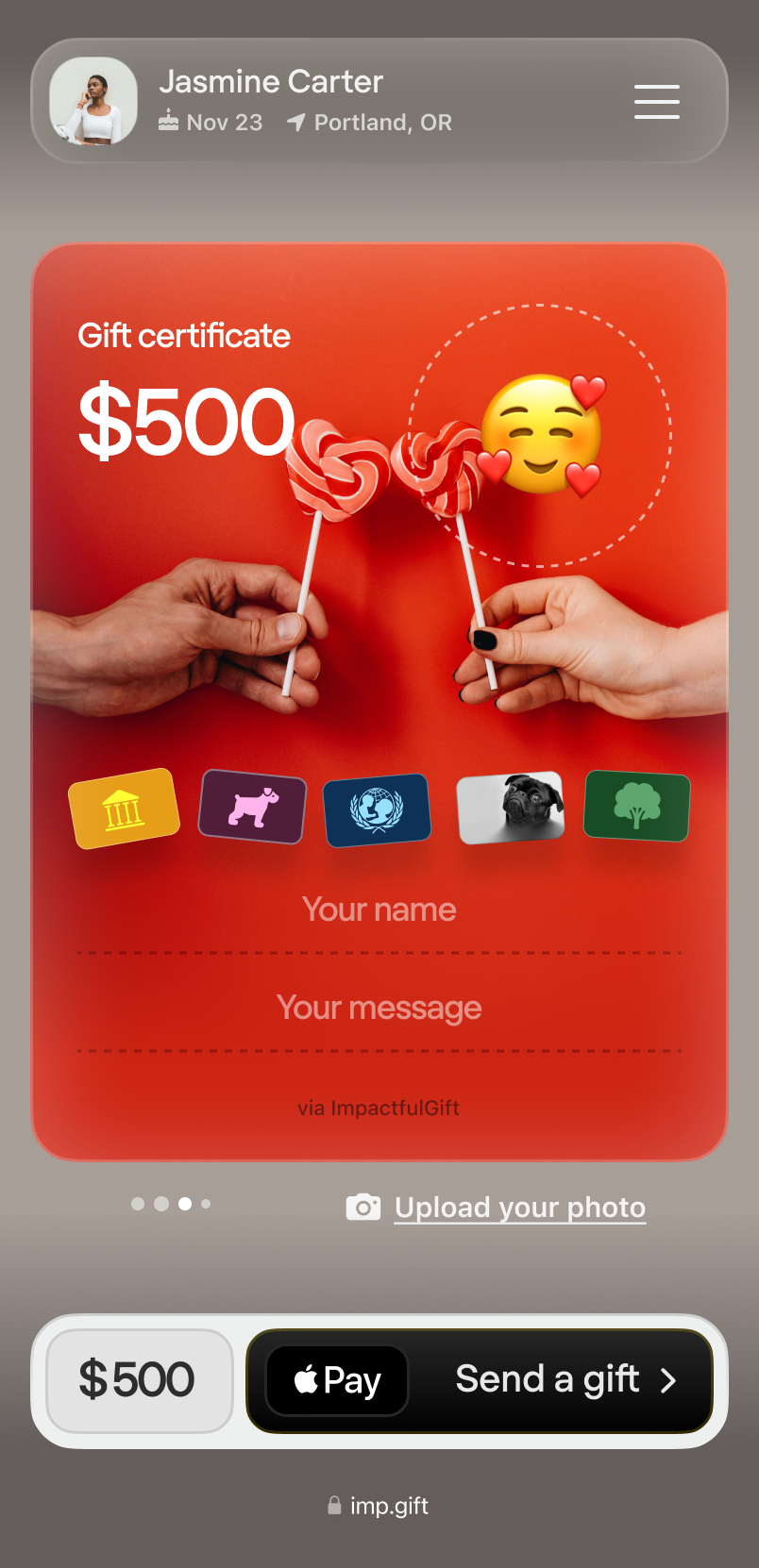 Gift certificate screenshot